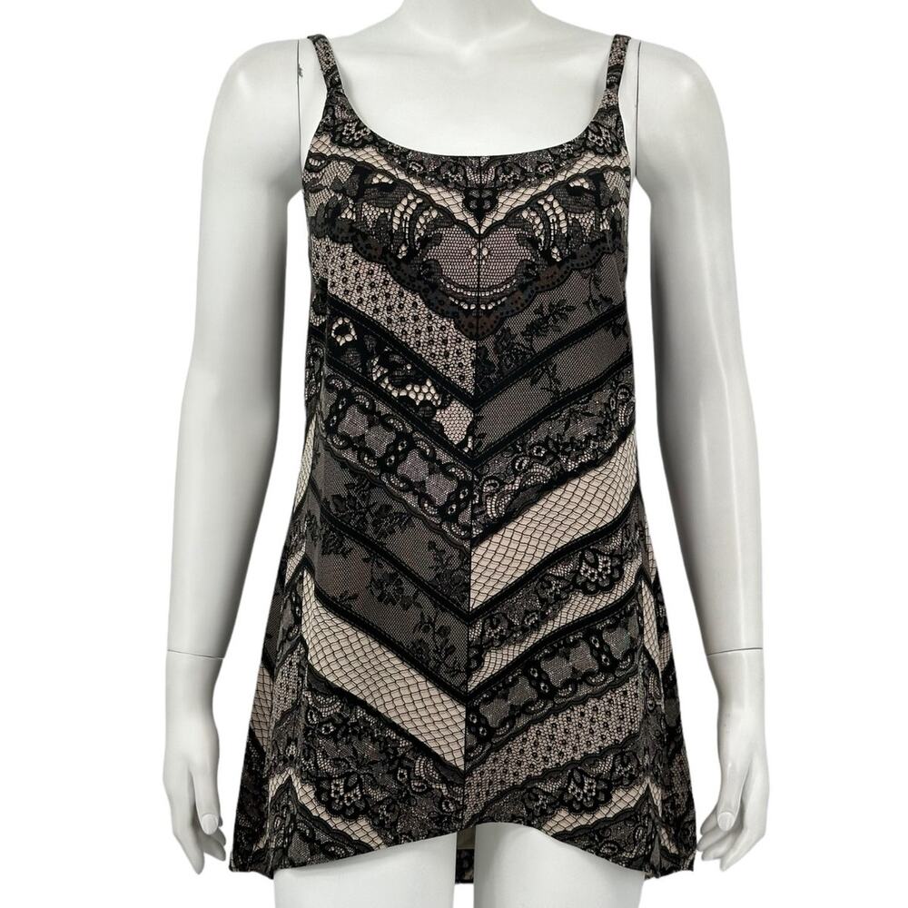 Cabi‎ Top Womens XS Monaco Cami Tunic Tank Black Chevron Lace Print Romantic